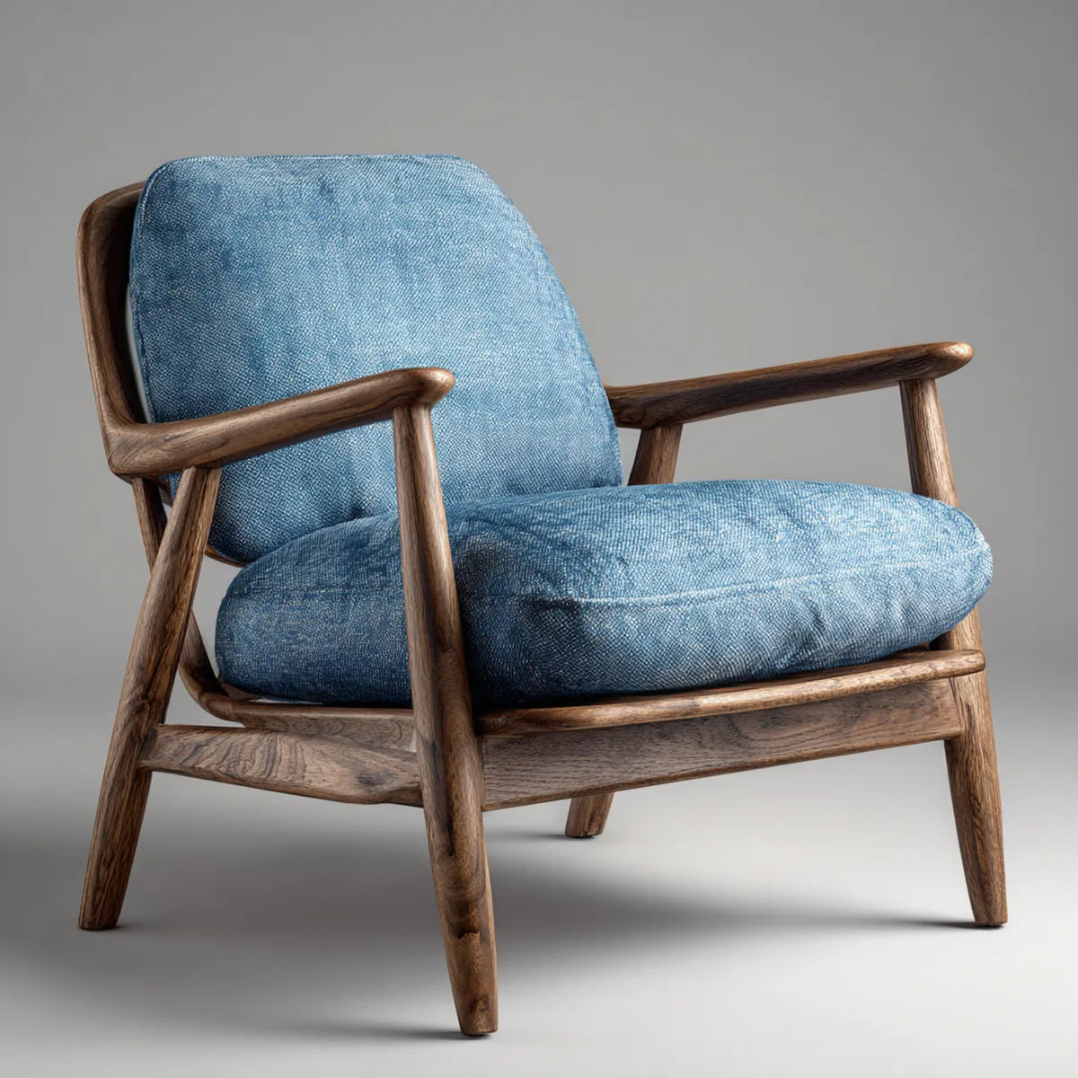 Fauteuil de salon bleu en polyester avec accoudoirs en bois massif 76 x 72 x 78 cm