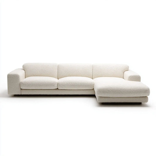 Canapé d'angle 3 places avec méridienne à droite écru en bouclette de polyester 280 x 160 x 78 cm