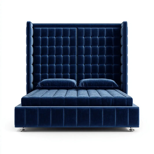 Lit double capitonné bleu nuit en velours de polyester 180 x 200 cm avec tête de lit haute rectangulaire
