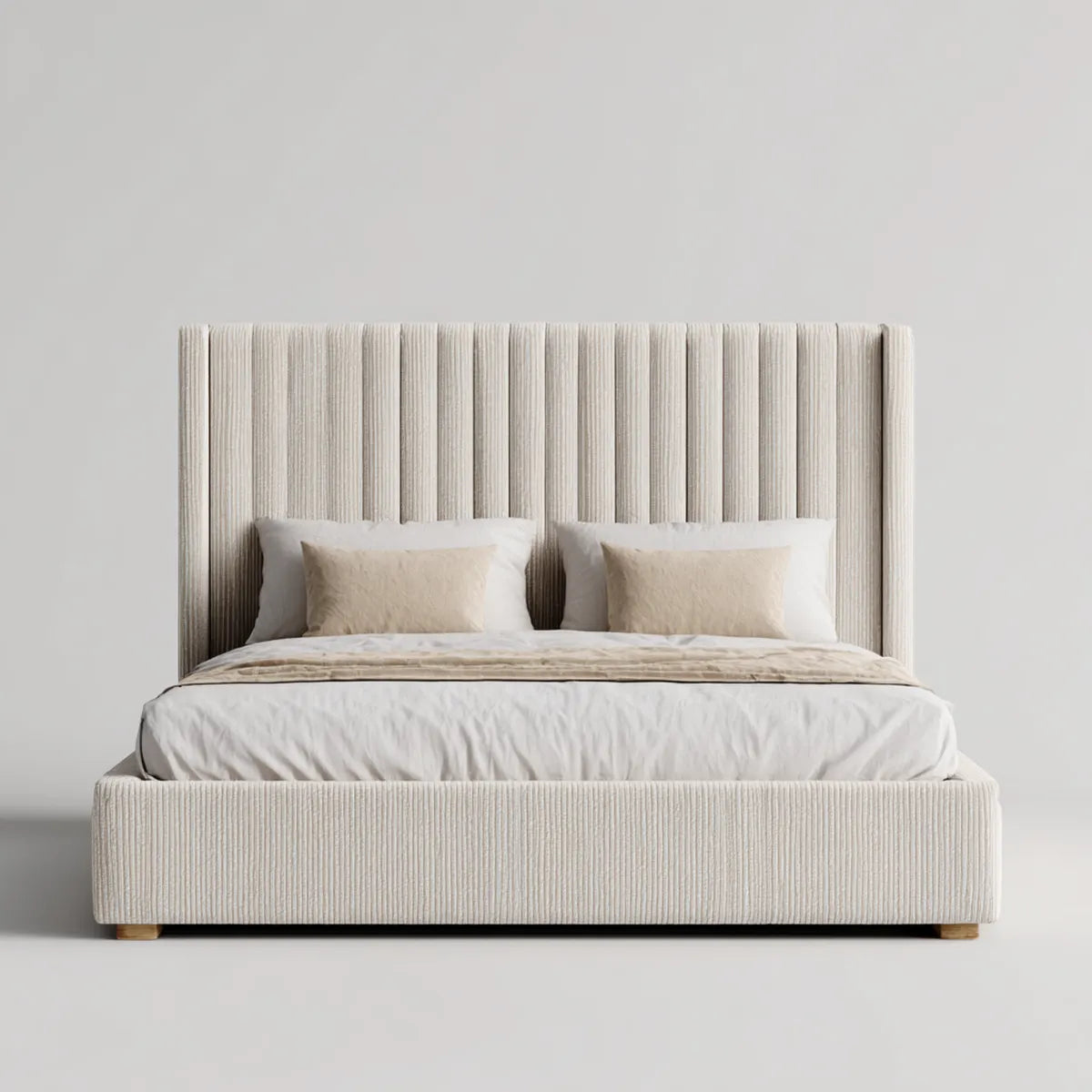 Lit double rembourré beige 160 x 200 cm en polyester côtelé rectangulaire