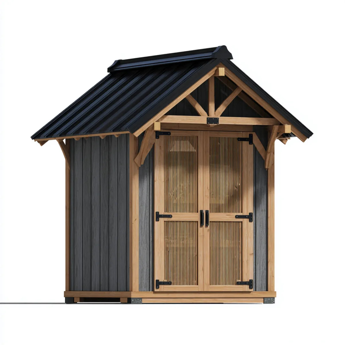 Abri de rangement extérieur en bois de sapin massif noir et naturel 180 x 120 x 220 cm avec double porte et toit à deux pans