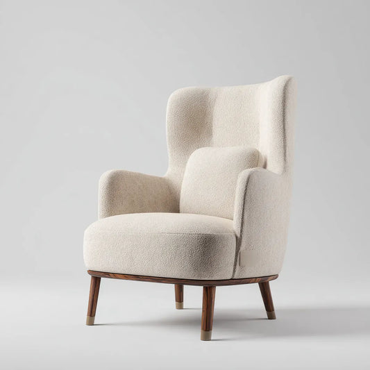 Fauteuil à oreilles beige en polyester bouclé avec pieds en bois massif 78 x 85 x 105 cm
